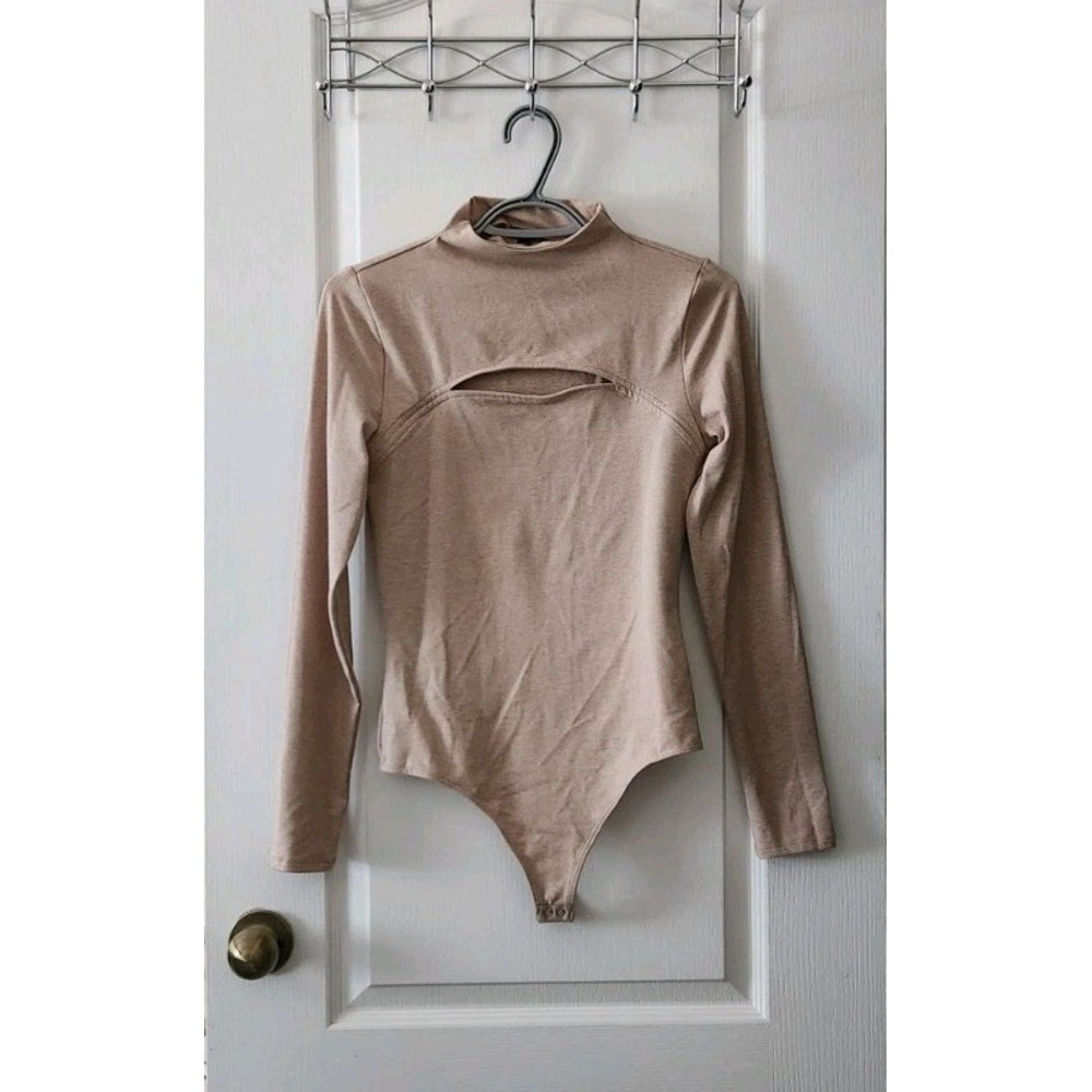 Express Body Contour pink bodysuit mock neck long sleeve key hole thong Size S